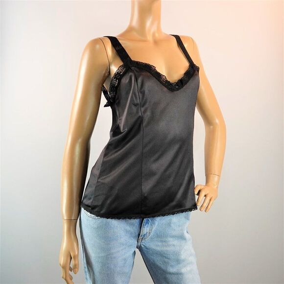 Vintage Newton Camisole Half Slip Top Sz M Black Satin Nylon Lace Trim USA Made - Picture 1 of 6
